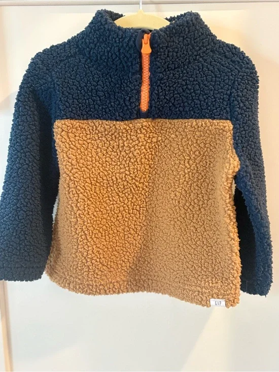 GAP Kids Sherpa Pullover - Navy, Tan & Orange Zipper