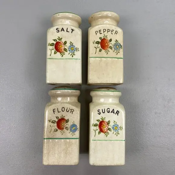Vintage Shaker Set Salt Pepper Flour Sugar Floral Ceramic Hand Painted Japan 50s