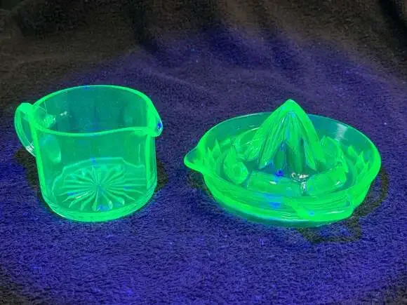 Vintage Uranium Depression Glass Creamer and Juicer Set