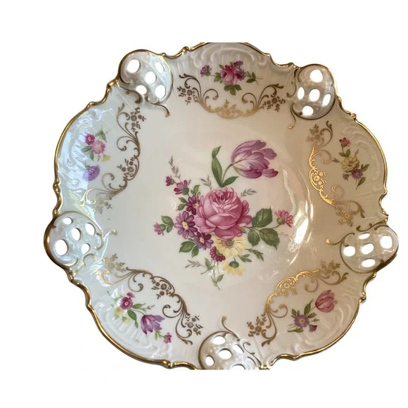 Rosenthal‎ Kronach Germany Moliere Floral Reticulated Porcelain Bowl Gold Gilt
