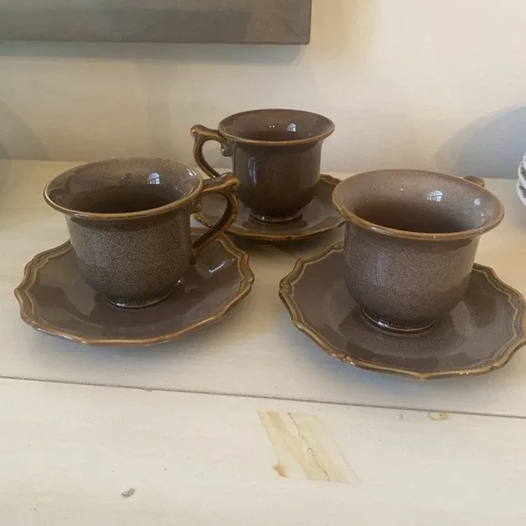 Set Of 3 Bombay Company ‎ Cups Saucers Brown & Gray Speckled Scrolled Handle 3
