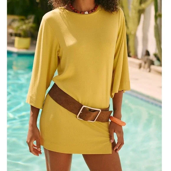 Free People Good Feels Tee Yellow Mini Dress 3/4 Sleeve Medium Boho Earthy Beach