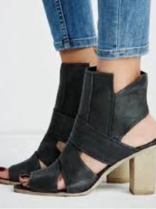 Free People Black Open-Toe Cutout Block Heel Booties