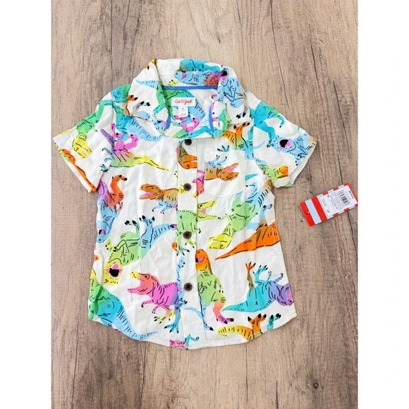 Cat & Jack Toddler Boys Dino Cream Print Short Sleeve Button Down Shirt 2T NWT