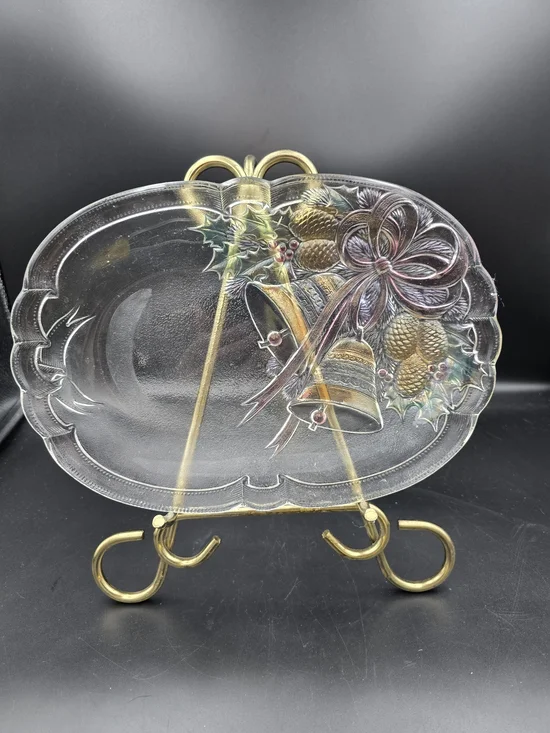 Festive Decorative Glass Holiday Platter with Bell and Pinecone Motif
