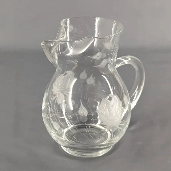 Vintage Etched Glass Pitcher with Ice Lip Floral Thistle Clear Serving Carafe