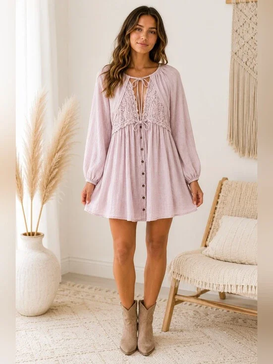 Free People soft boho lavender mini dress with lace-trim bodice. Size SP