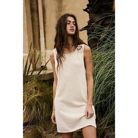 Free People Beach Nina Mini Dress L Cream Tank Sweater Knit Cotton Linen Coastal