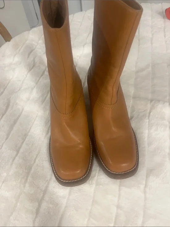 Free People Cognac Leather Lace-Up Mid-Calf Boots