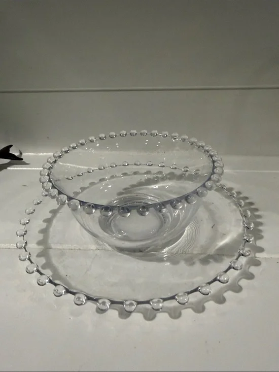 Clear Beaded Glass Bowl and Plate Set
