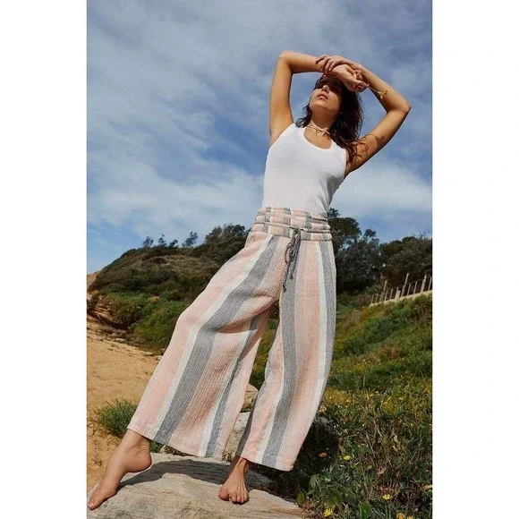 Free People Wide Leg Palazzo Pants Cotton Natural Fibers Striped Capris Beach S