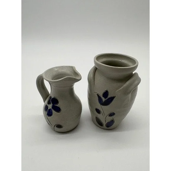 Williamsburg Pottery Pitcher Vase Set Small Grey Excellent Cobalt Blue Floral