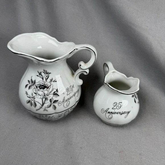 Napco 25th Anniversary Pitcher Set Unisex Small White Silver Vintage Rose AB-185