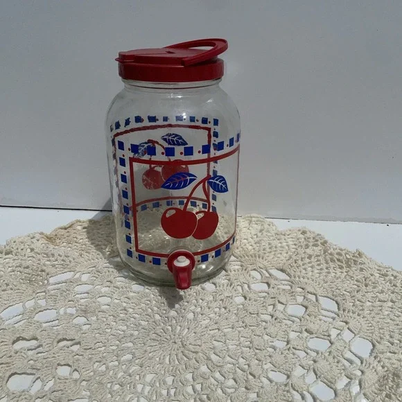 Vintage MCM Sun Tea Glass Beverage Dispenser Jar 1 Gal. Cherries Anchor Hocking