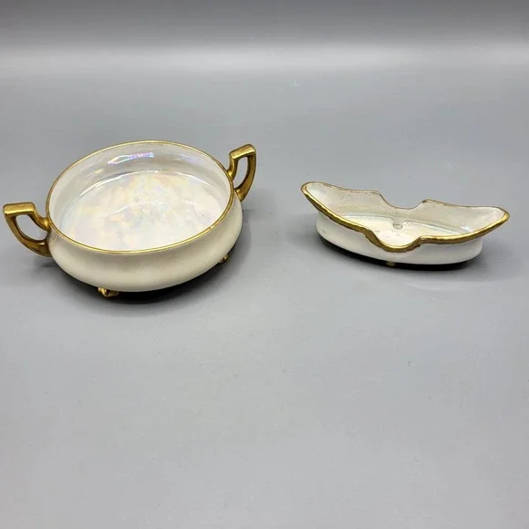 Prov Saxe Germany Trinket Dish Set Vintage Lusterware Gold Trim Footed White