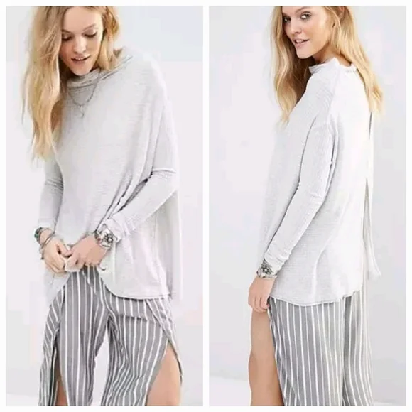 We The Free People Lover Ribbed Light Thermal Top Split Back Light Gray Large