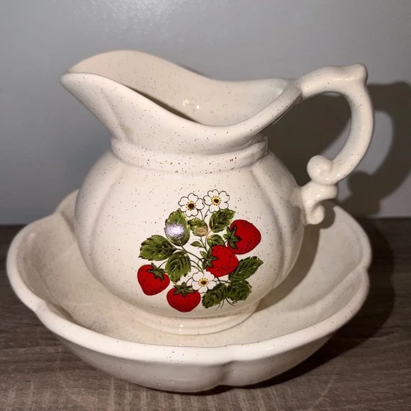 McCoy Pottery Strawberry Pitcher and Wash Basin Set Speckled Cream Ceramic VTG
