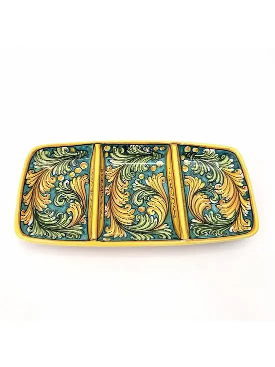 Colorful Ceramic Slotted Serving Tray Scroll Design Scaglia Caltagirone Italy