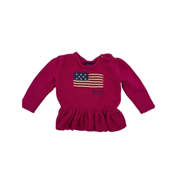 Ralph Lauren Sweater Baby Girls 12M Pink American Flag Peplum Knit Cotton