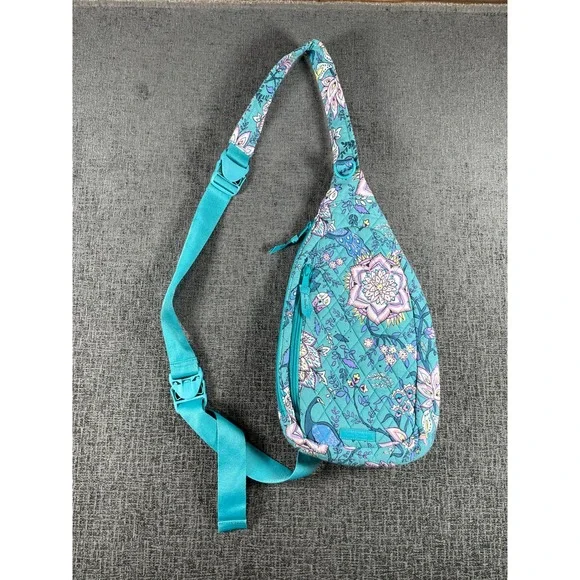 Vera Bradley Teal Peacock Floral Quilted Cotton Sling Backpack Crossbody Bag