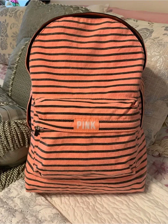 PINK Victoria's Secret Coral Pink and Black Striped Canvas Backpack (Rare)