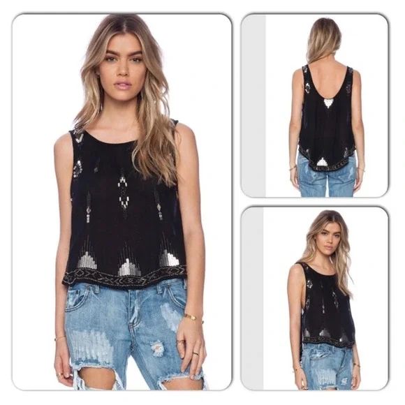 Free People Tank Top Medium Black Sequin Beaded Boho Crop Scoop Open Sides Flowy