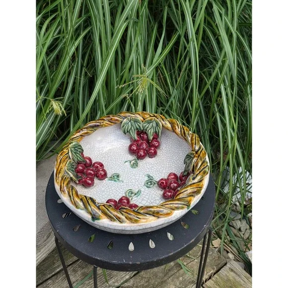 Vintage Handmade Ceramic Crackle Glaze Grape Bowl 3D Raised Fruit Rope RimDecor