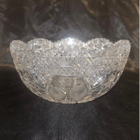 Antique ABP Bowl Scalloped Sawtooth Rim Starburst Diamond Pattern Clear Crystal