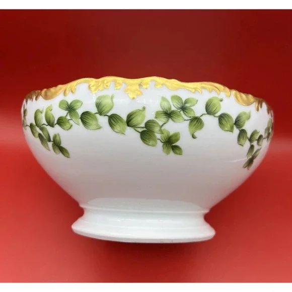 Antique T&V Limoges France Depose Green Vine w Rich Gold Rim Serving Bowl