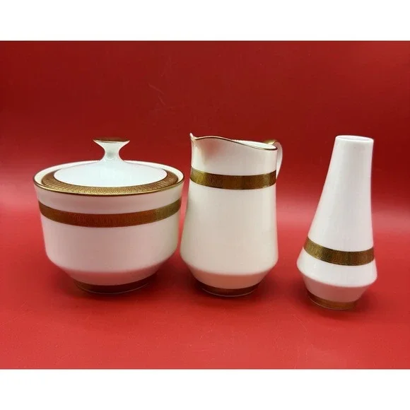 Mikasa Narumi PEMBROKE 106 Creamer & Sugar Bowl w Lid And Shaker Gold Trimmed