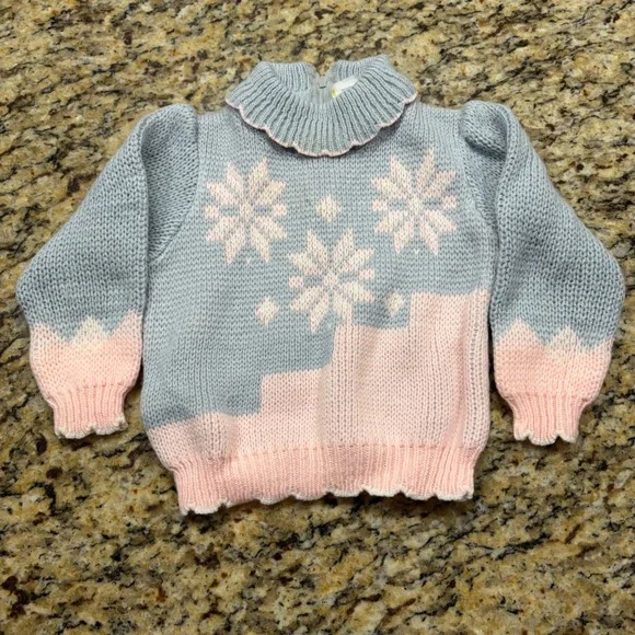 Vintage Toddler Girls Snowflake Knit Sweater Blue Pink Ruffle Neck Zip Back 2T