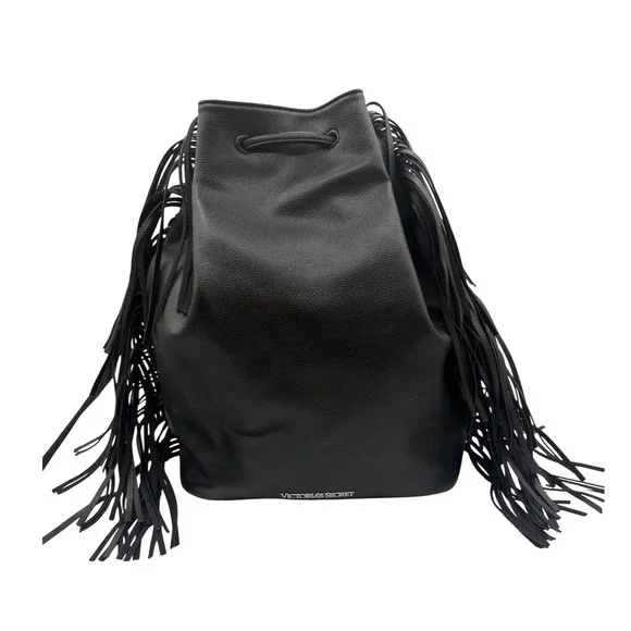 Victoria's Secret Bucket Bag Womens Large Black Excellent Fringe Drawstring‎