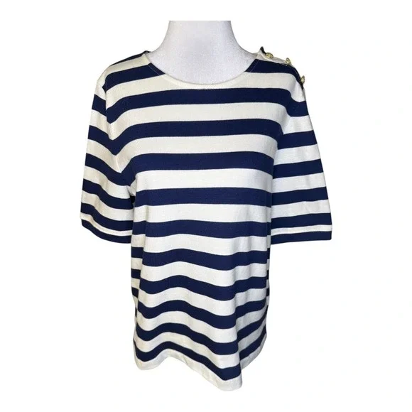 J. Crew Striped Sailor Nautical Gold‎ Button Knit Top Shirt Women's Medium NWT