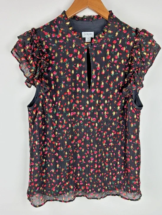 J.Crew Women’s Small Black Floral Metallic Gold Ruffle Sleeve Blouse Feminine
