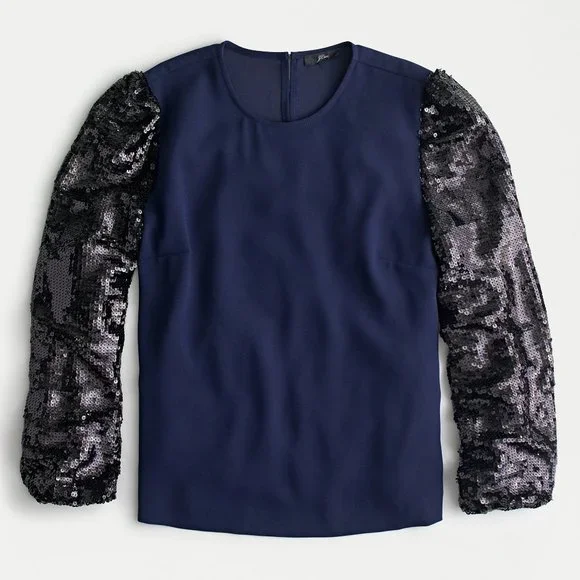 NWT Womens Size XS J. Crew Navy Blue Black Sequin Sleeve Crepe Blouse Top