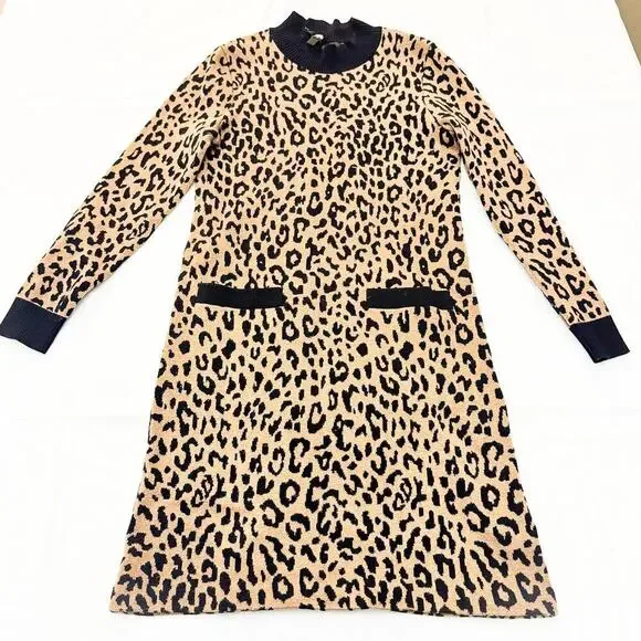 J. Crew Merino Wool Blend Leopard Print Long Sleeve Sweater Dress Size XS