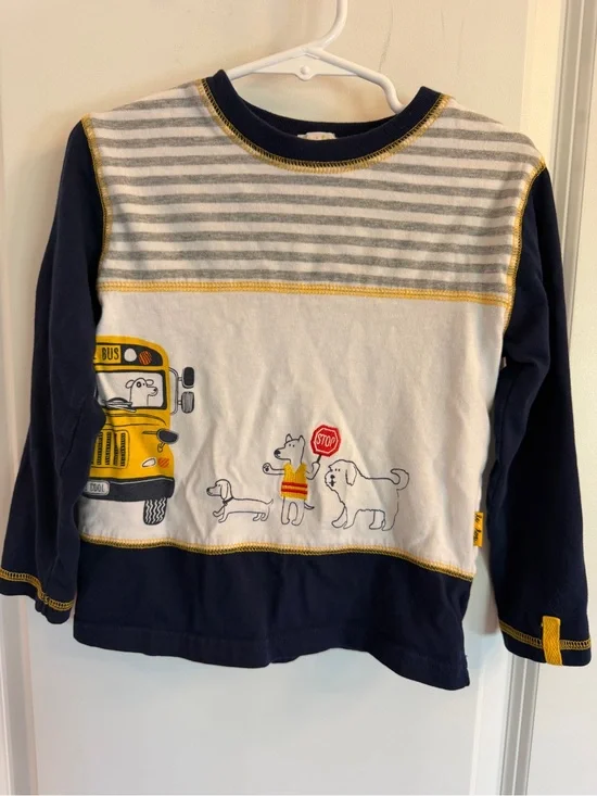 Kids Long-Sleeve School Bus & Dogs Tee in Navy and Yellow