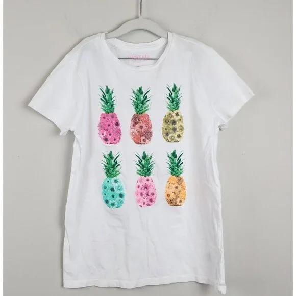 Crewcuts  J.Crew pineapple short sleeve t shirt girls sz XL 12-14 white glitter