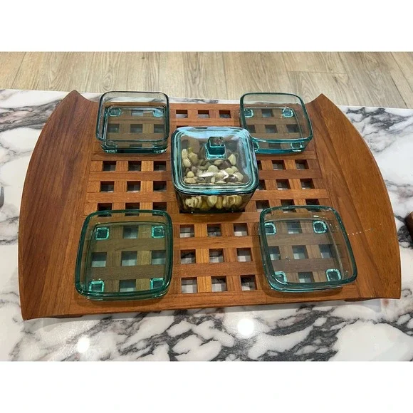 Dansk JHQ Quistgaard Teak Wood Lattice Trivet Tray Green Glass Serving Set MCM