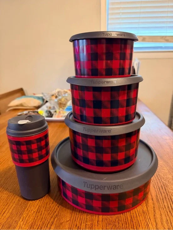 Tupperware Red and Black Buffalo Plaid Nesting Food Container Set with Gray Lids