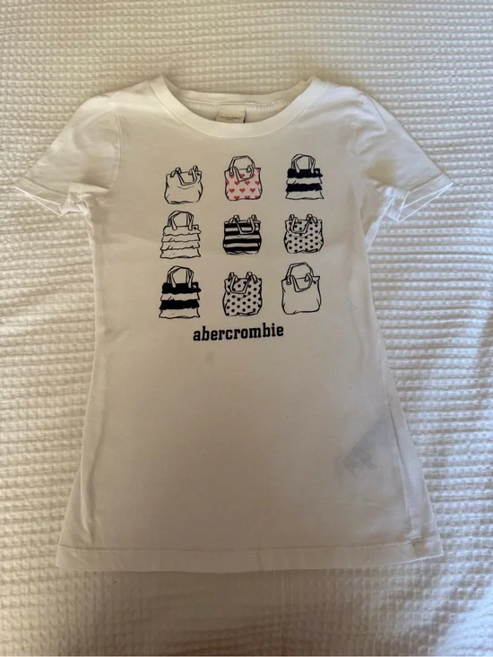 Abercrombie Kids White Tee with Navy Bag Sketches and Pink Hearts