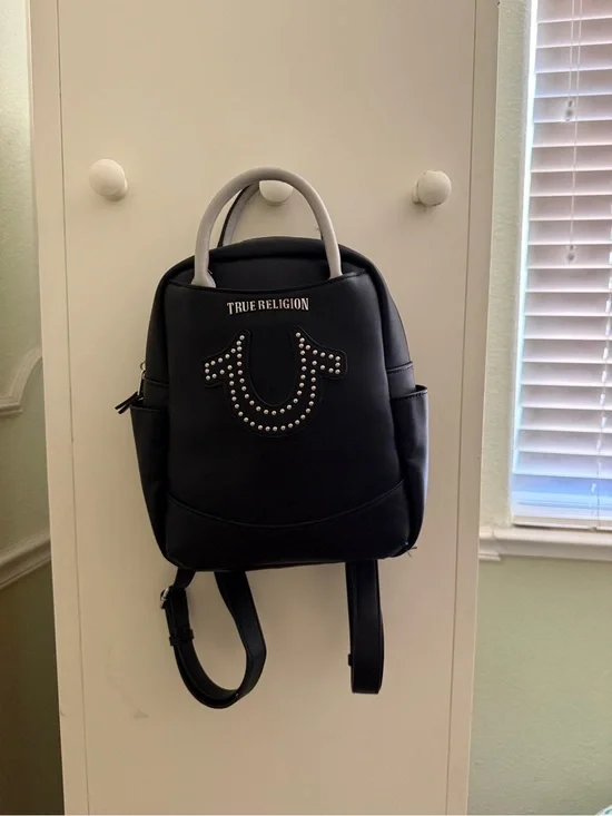 True Religion Black Backpack with Silver Studded Horseshoe
