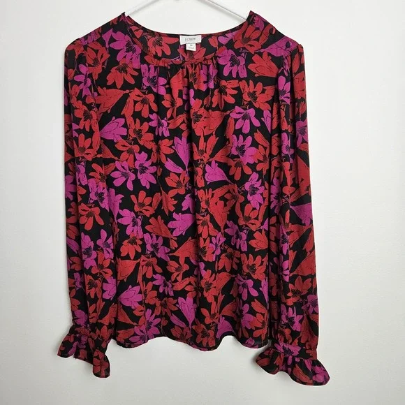 J.Crew Factory Floral Blouse Size M Printed Button-Neck Top Ruffle Sleeves BD266