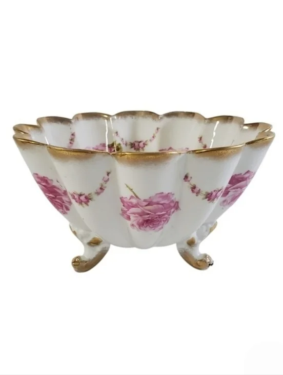 Kuna Steinmann Bridal Rose Footed Pedestal Bowl Gold Trim Germany Vintage
