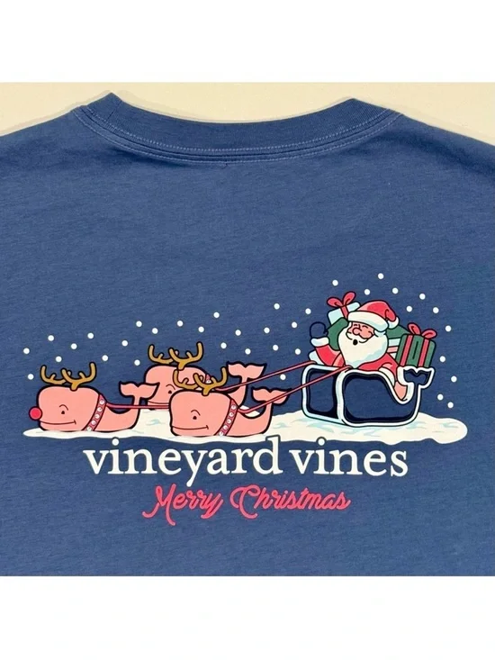 New Vineyard Vines Santa Whale Tee Boys Large 16 Long-Sleeve Pocket Christmas