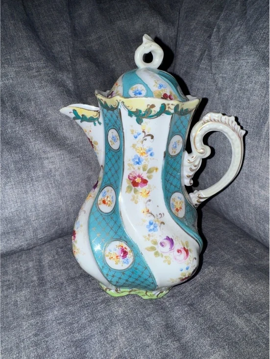 Vintage Porcelain Floral Teapot with Turquoise and Gold Accents