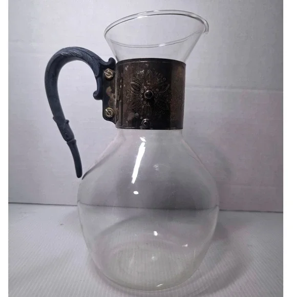 Vintage Glass Carafe Silver Plated Collar Black Plastic Handle Floral Motif
