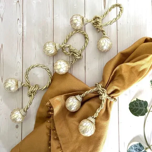 Set of 4 Gold Rope and Netted Pearl Adjustable Napkin Rings Glam Bling Festive