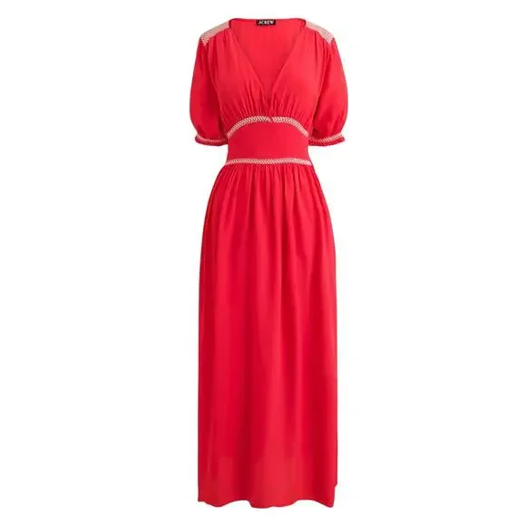 J.CREW 2025 Smocked Trim Midi Dress Crepe de Chine Red 8 M Peasant Boho Feminine