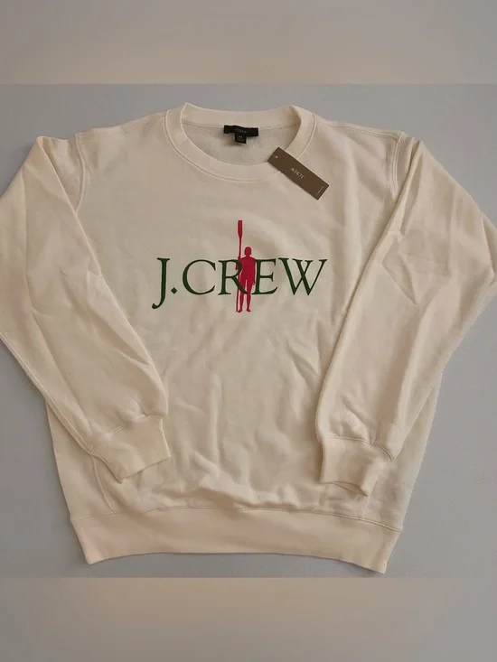 J. Crew Cream Sweatshirt with Green Logo and Pink Graphic size xs